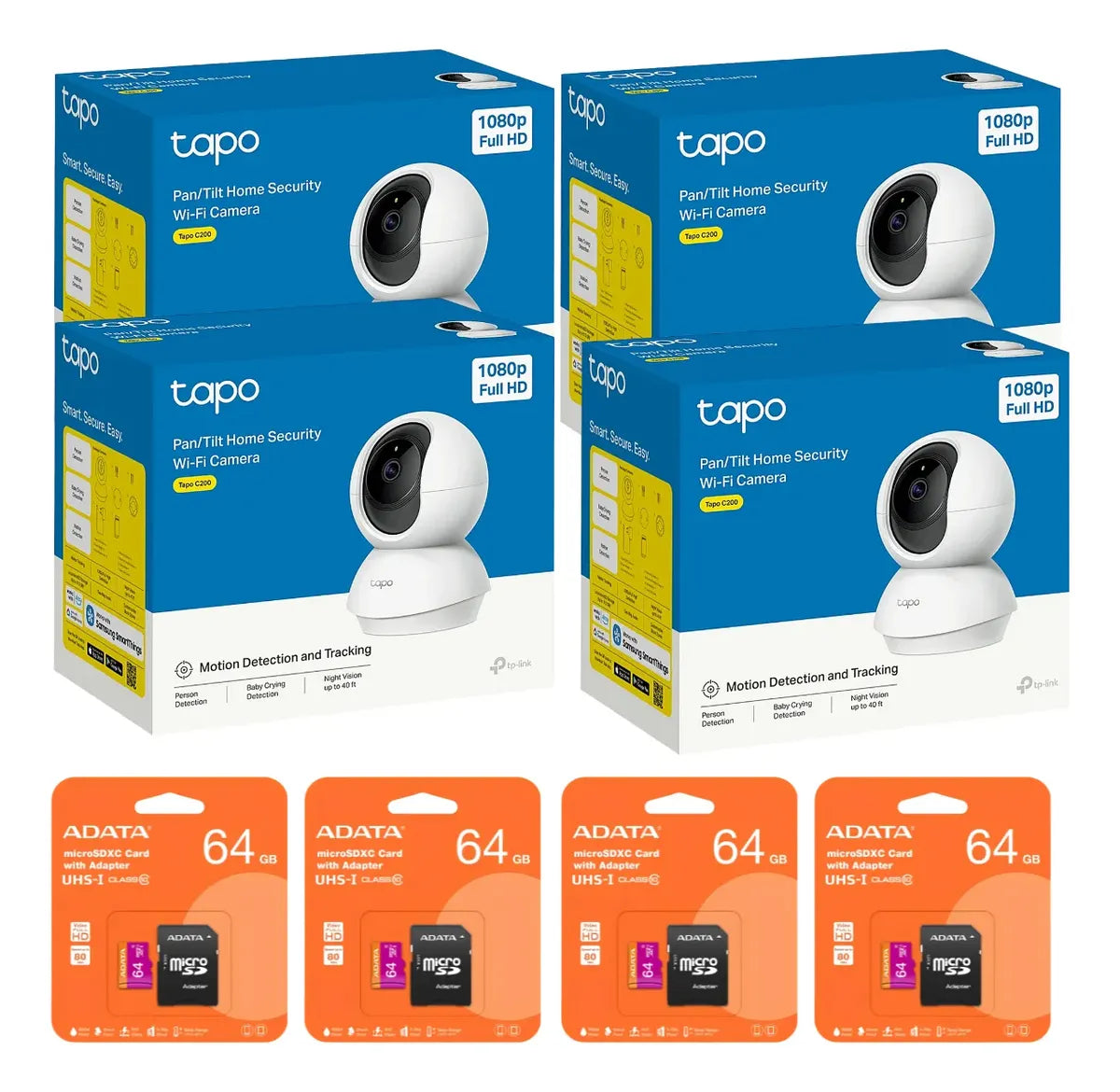 Camaras De Seguridad Tapo C200 Wifi + Micro Sd 64 Gb 4 Pack Blanco