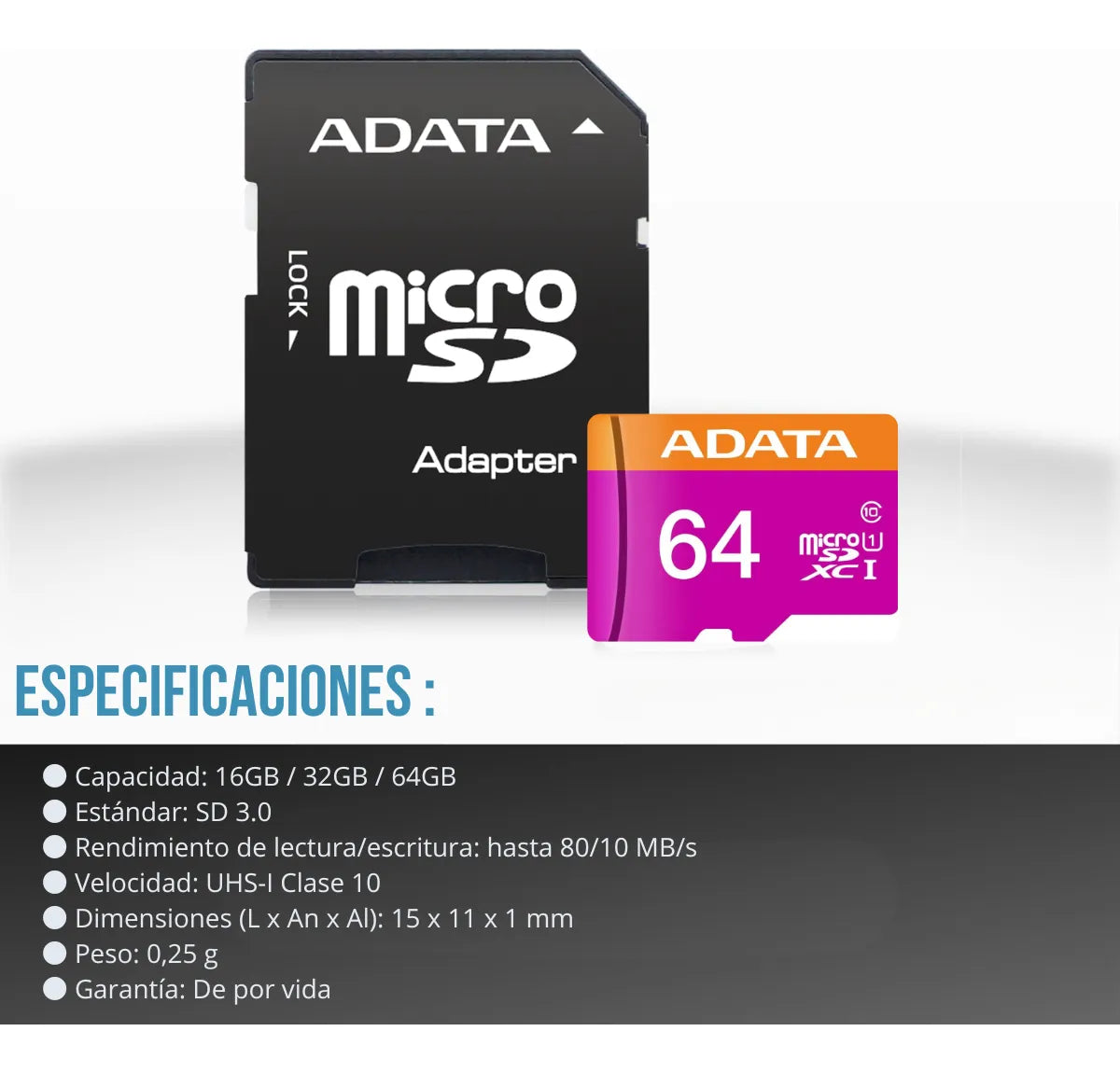 Tarjeta De Memoria Adata Premier 64gb Adaptador Microsd 10pz