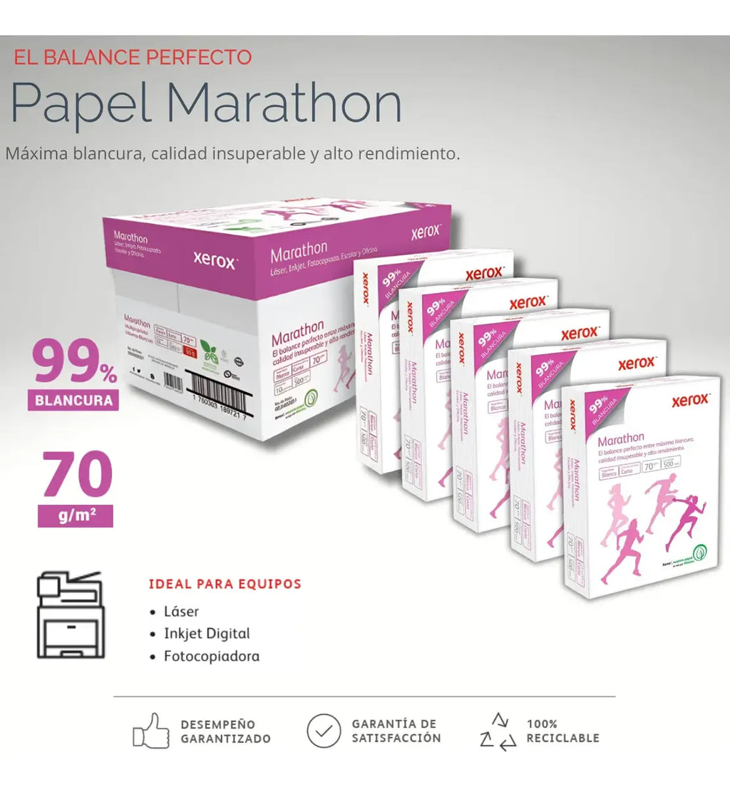 Papel Xerox Marathon Carta 70g Caja Con 2500 Hojas 5 Resmas