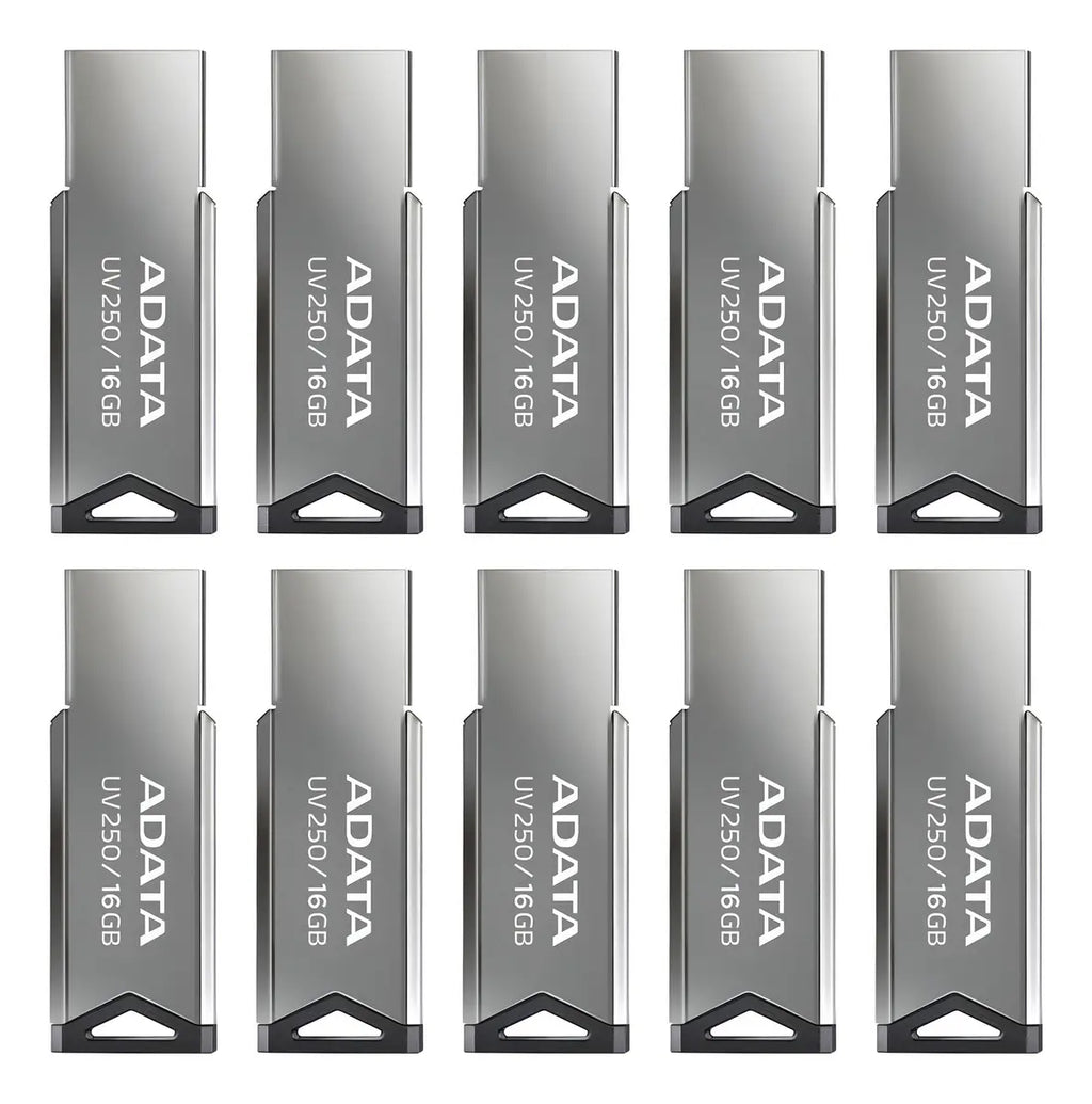 Kit 10 Memoria USB Adata UV250 AUV250-16G-RBK 16GB 2.0 Liso Plateado