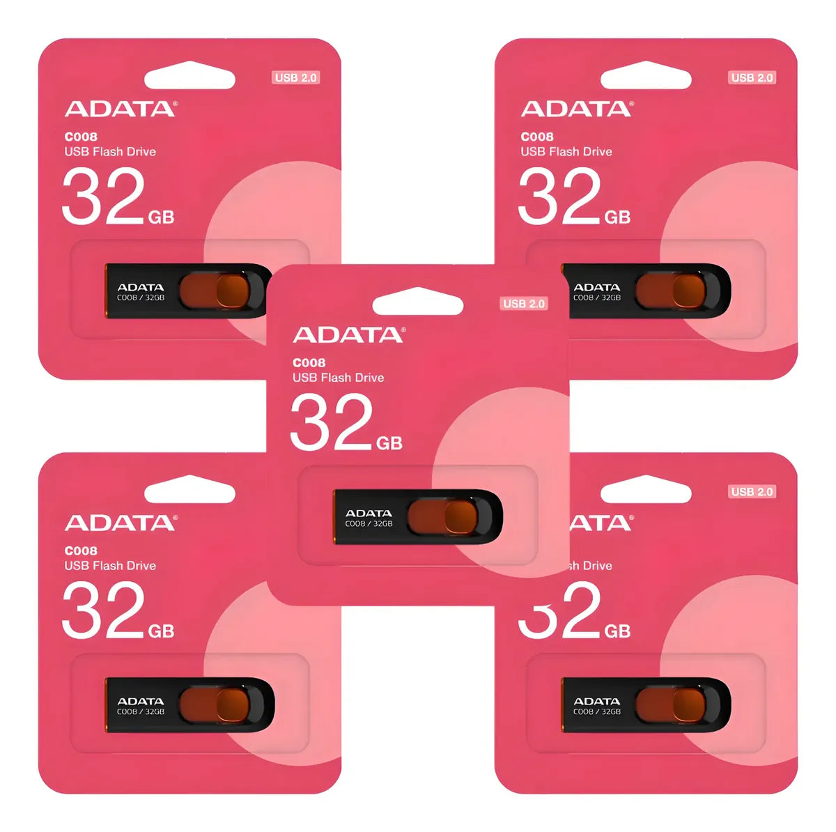 Kit 5 Memorias Usb Adata C008 32gb Retráctil 2.0 Negro Rojo