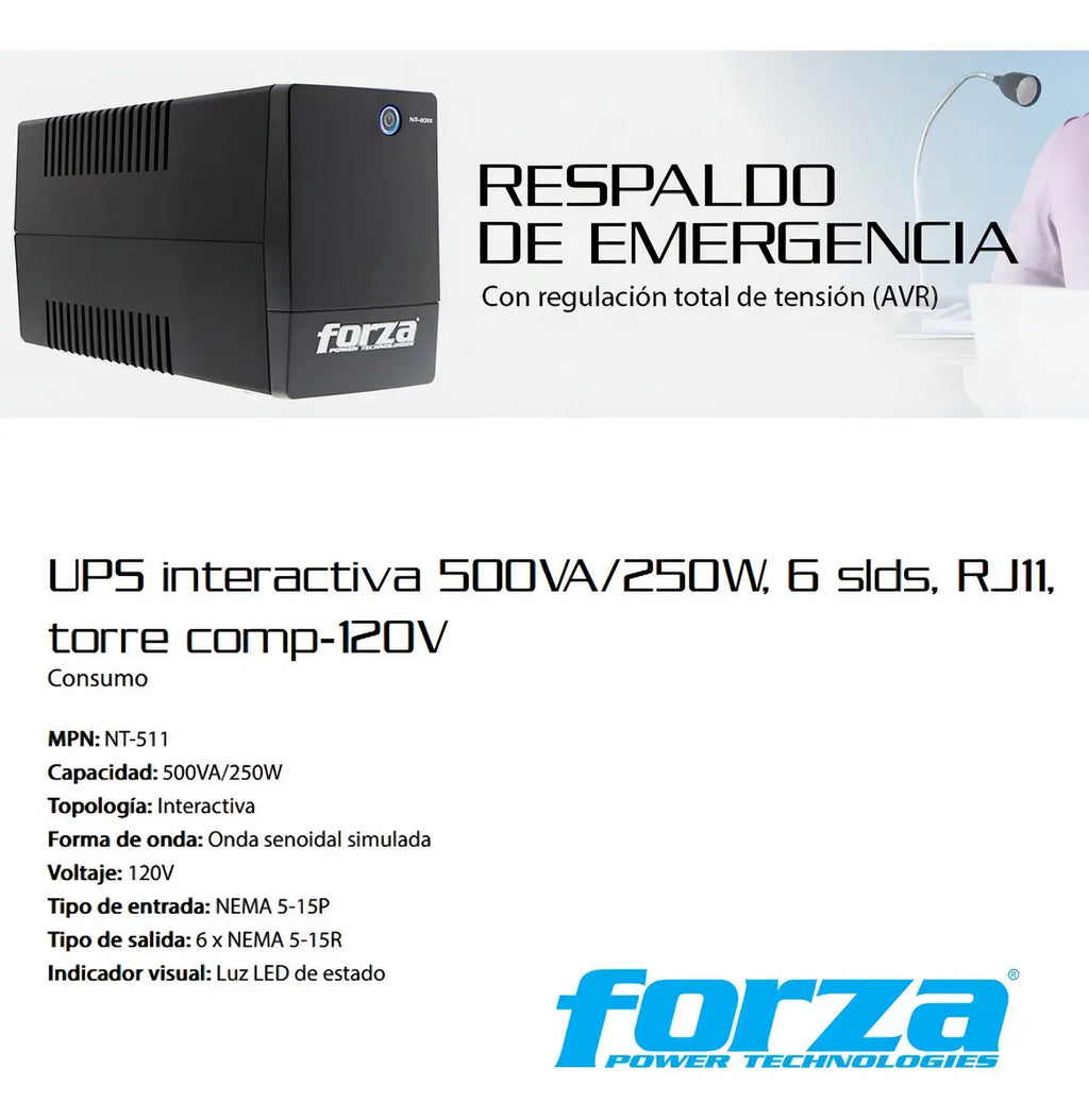No Break Forza Nt-511 500va 250w 6 Contactos Hasta 18 Min Color Negro