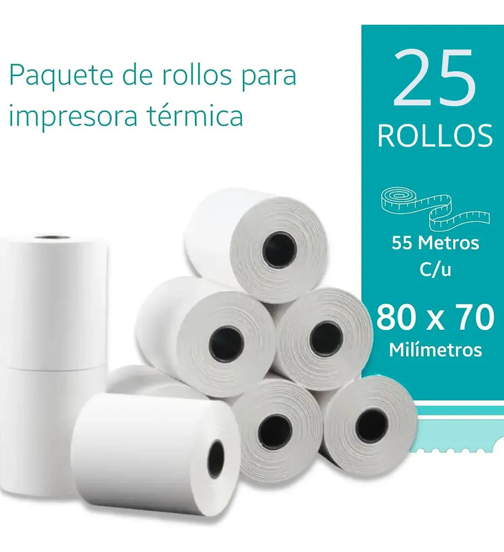 25 Rollos De Papel Térmico Pcm 80x70mm Impresora Ticket Pos