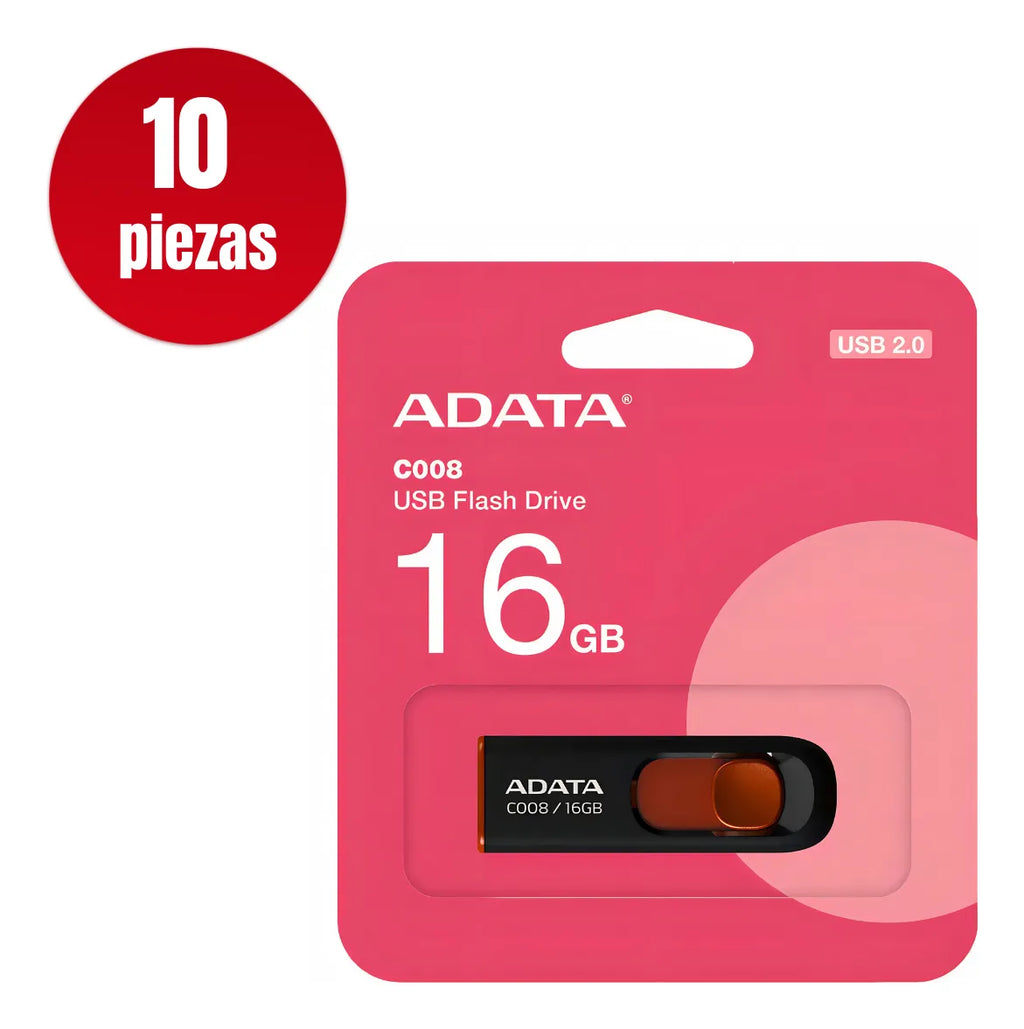 10 Memoria Usb Adata 16gb Ac008-16g-rkd Usb-a 2.0 Negro Rojo