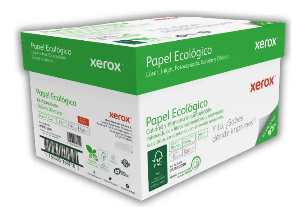 Papel Xerox Carta Ecologico 93% Blancura, Caja 5000 Hojas
