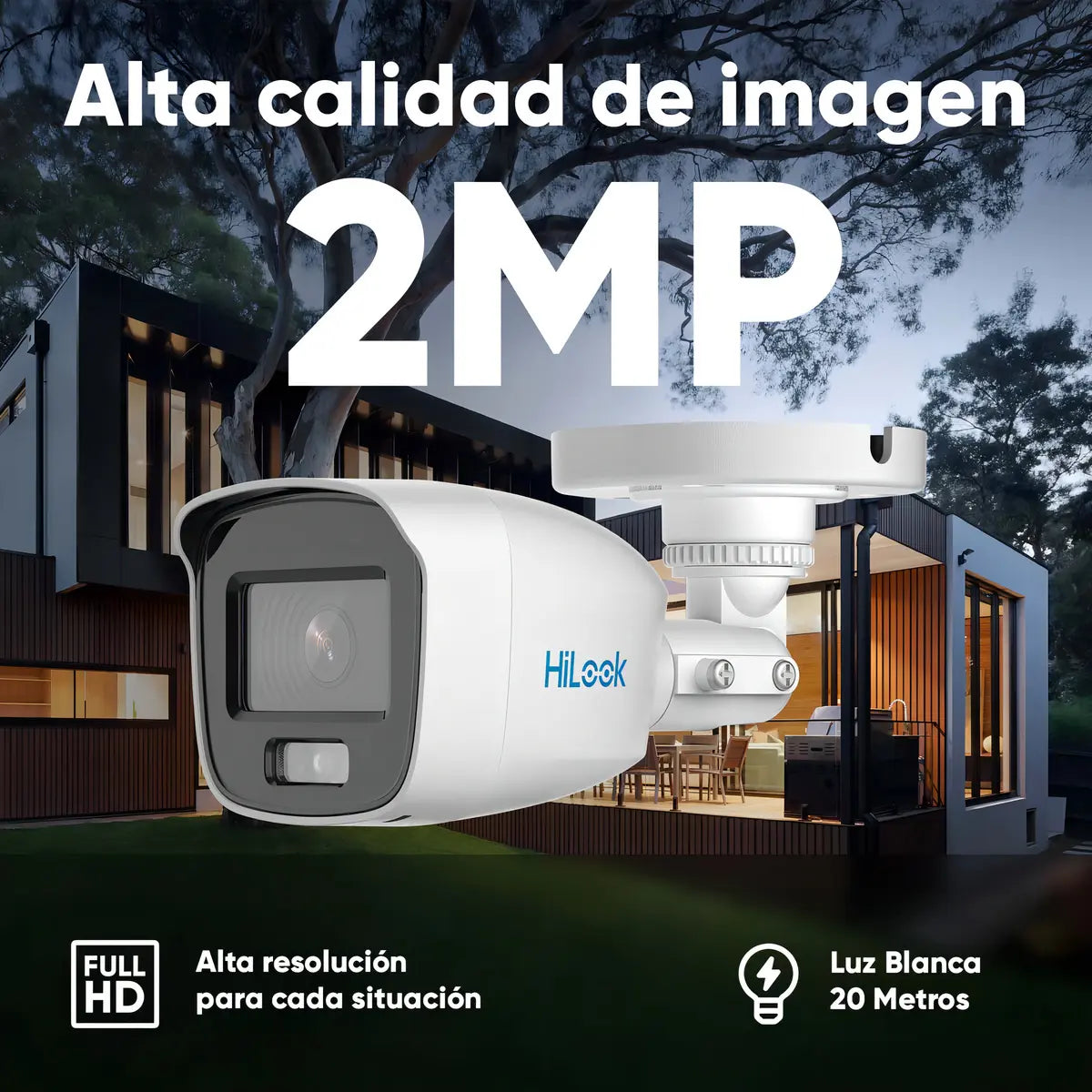 Kit 2 Hilook Cámara De Seguridad Con Microfono Integrado Bala Turbohd 2 Mp Con Imagen A Color 24/7 Colorvu Lite Protección Ip66 Para Uso Exterior + 20 Mts De Luz Blanca Blanco