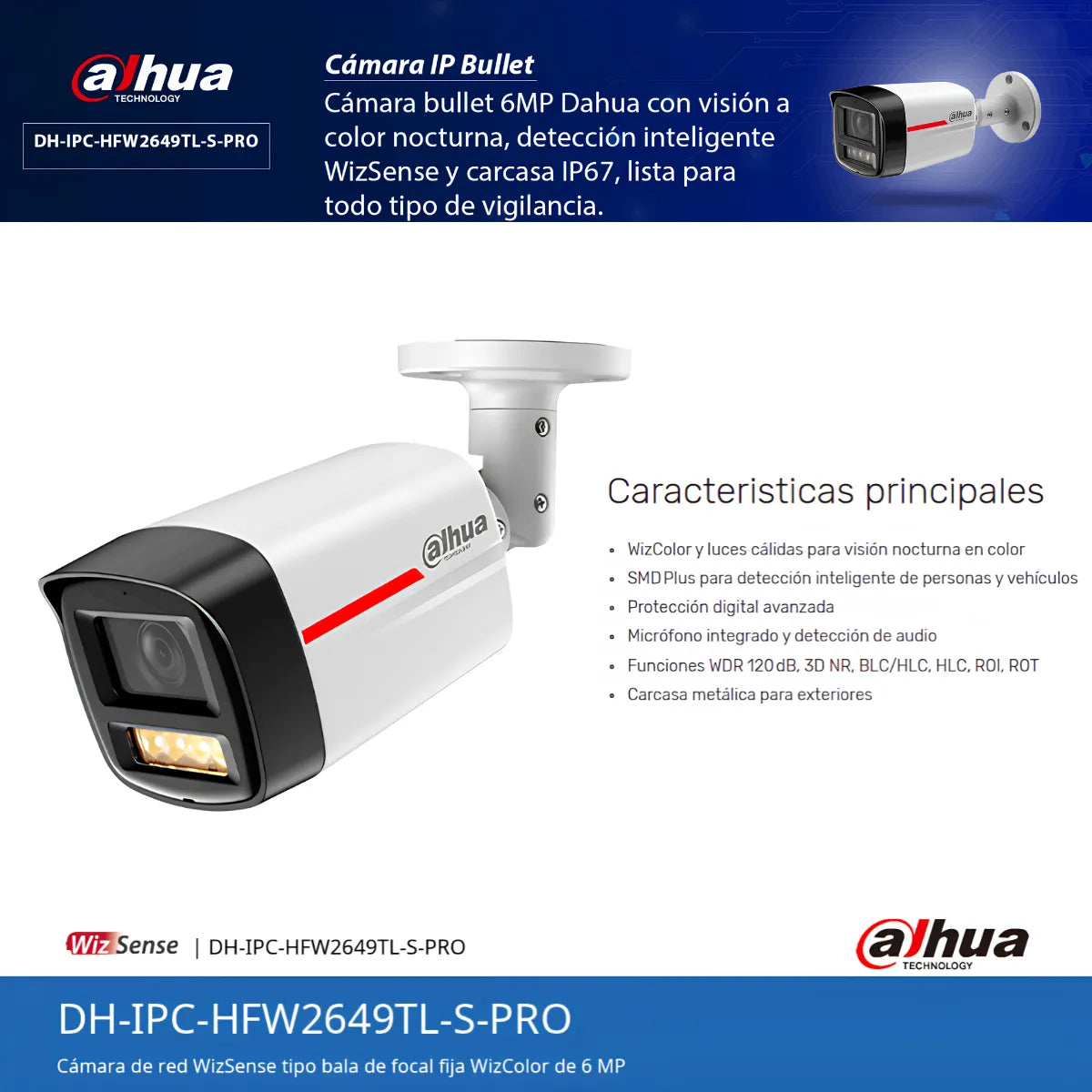 Cámara Ip Bullet Dahua Wizcolor Ipc-hfw2649tl-s Pro 6 Mp Poe
